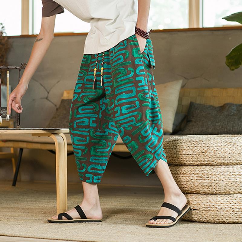 Summer Chinese style, Thai ethnic style, large-sized men's cotton and linen capri pants, capri pants, lantern pants, Nepalese pants, large size