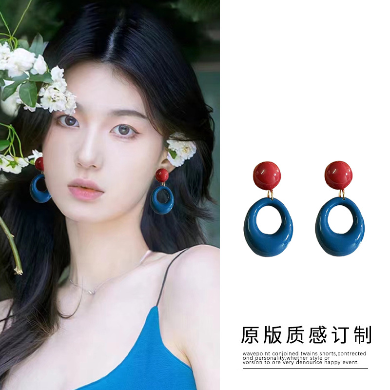 复古港风氛围圆圈撞色耳环女方圆脸适合的耳钉小众设计感夸张耳饰图