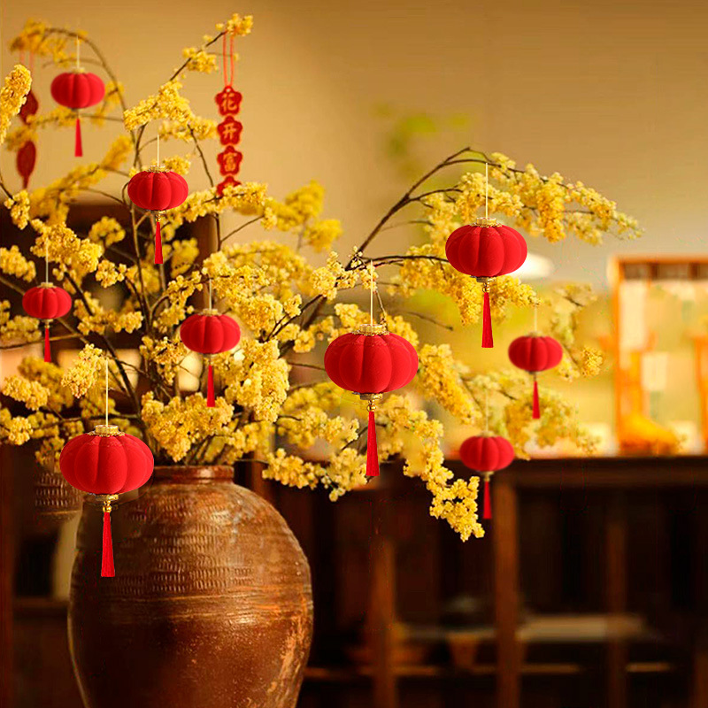 Flocked small lanterns, 2026 Year of the Horse bonsai decorations, New Year lanterns, festive red lanterns for the Spring Festival, set up stalls Specification image