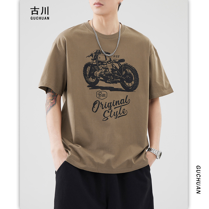 Furukawa Men's Wear: 260-gram heavy-duty short-sleeved T-shirt, summer personalized printed versatile loose large-sized retro T-shirt