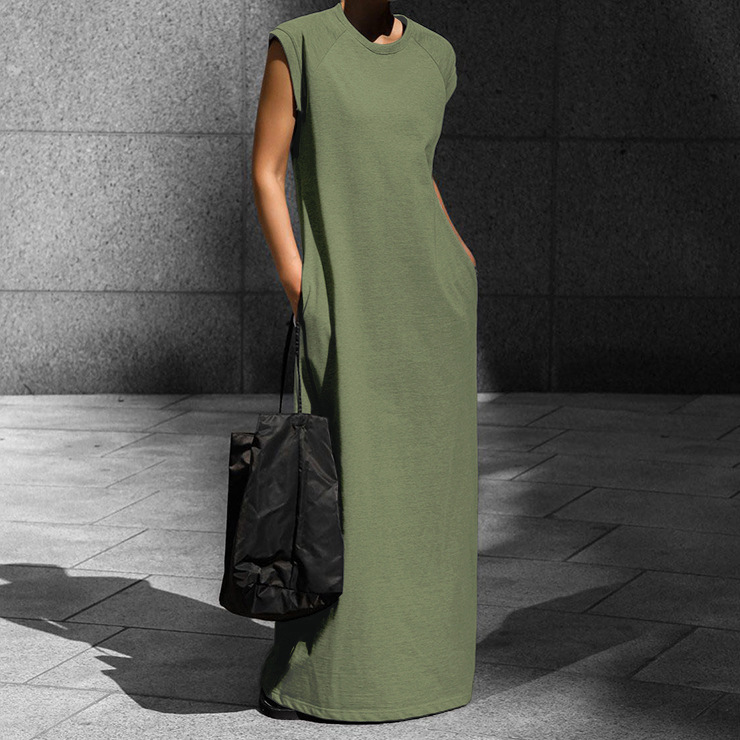 2024 Autumn new green pure cotton straight dress, European and American fashion cross-border vest dress, long dress wholesale women's clothing