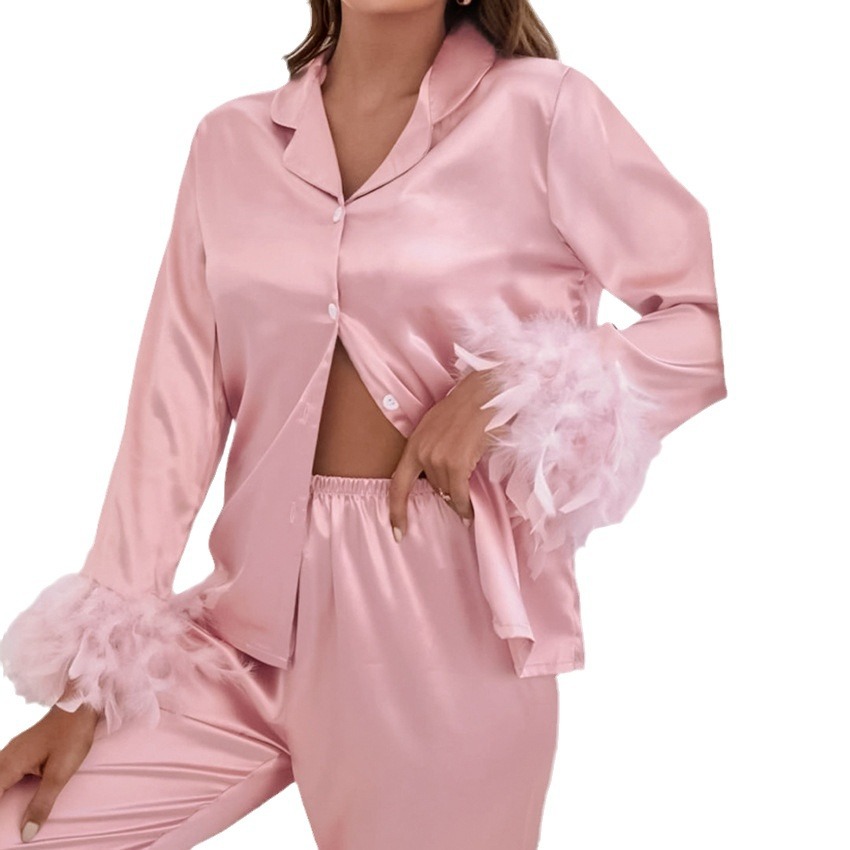 T Fashion Ostrich fur ice silk pajamas, feather home wear, autumn new arrivals, European and American shirt two-piece sets, women's long pajamas Item Picture