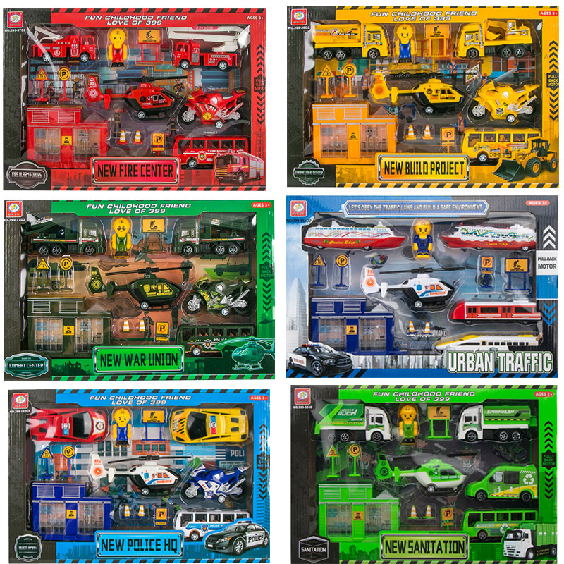 地摊热卖儿童回力车工程车玩具礼盒套装男孩军事消防工程汽车模型