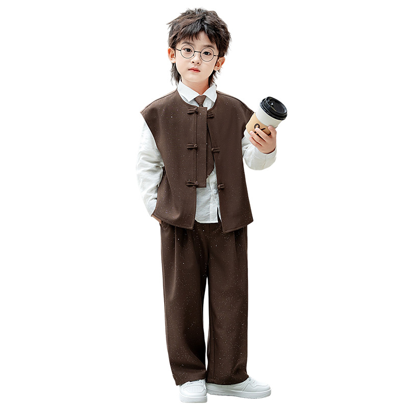 New Chinese-style Tang suit for boys in spring, children's retro Chinese-style vest set, boys' host fashion show performance outfit Item Picture