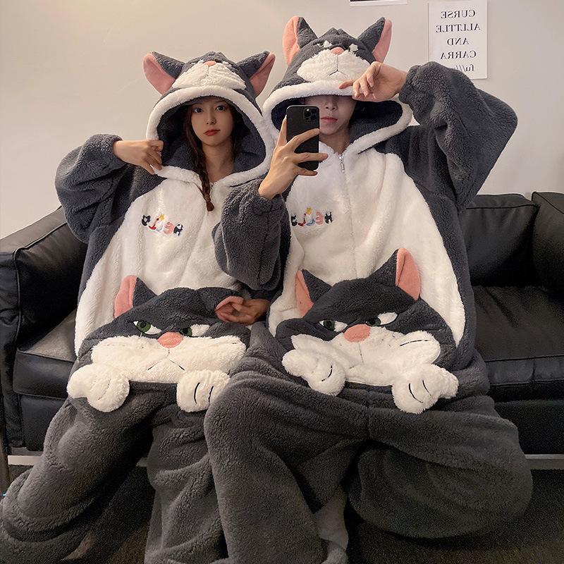 Winter couple pajamas, female cartoon hooded and fatten warm, student ins style one-piece home wear, 200 pounds can be worn