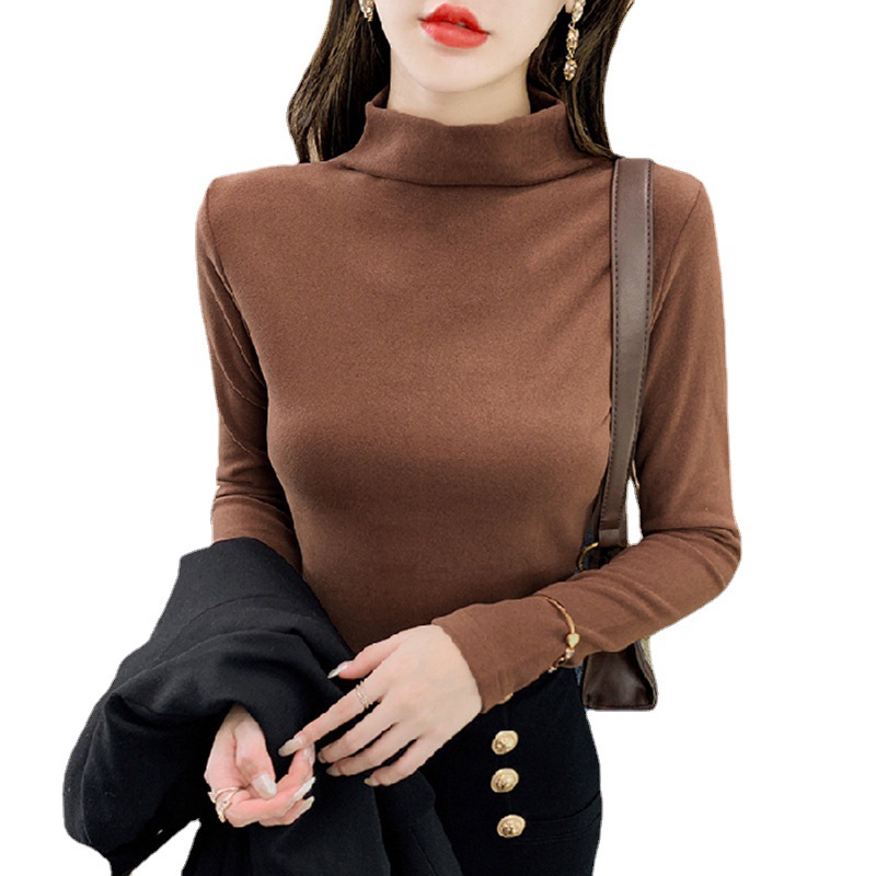 Autumn and winter stylish plus-size women's wear, German velvet semi-high-neck base layer, women's wear with T-shirt, fitted solid color long-sleeved top Item Picture