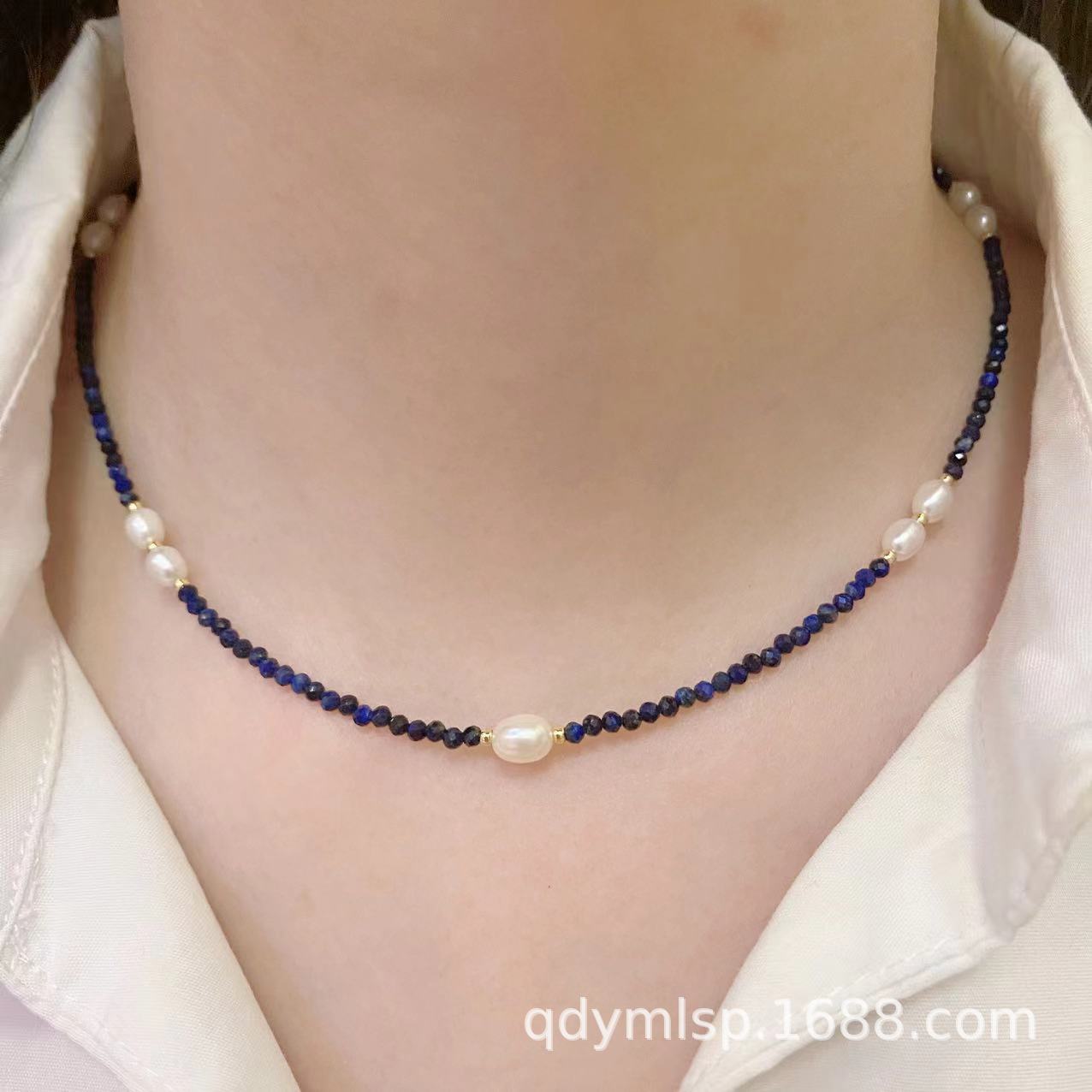 The new Korean version lapis lazuli freshwater pearl necklace is a versatile, high-end, light luxury, simple and fashionable collarbone chain Specification image