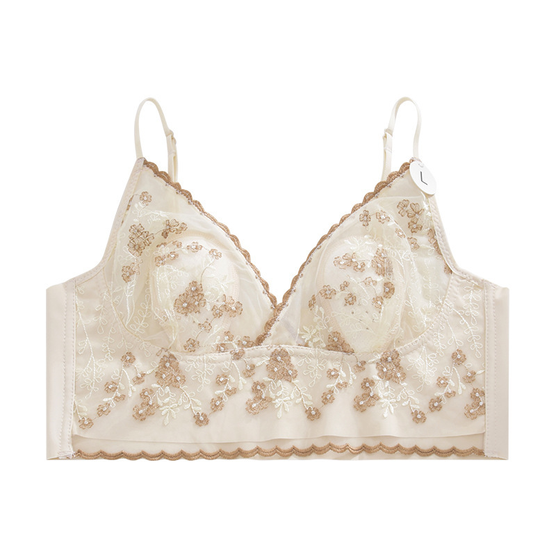 Embroidered lace French lingerie for women, bras without underwire, halter straps, chest pads, rabbit ears inside, ice silk beautiful back wrap around the chest Item Picture