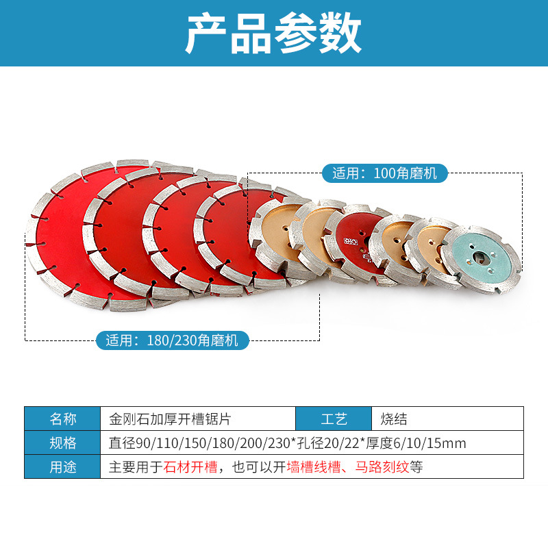 Slotted cutting discs, diamond thickened saw blades, stone, concrete, ceiling and wall, cement Angle grinders, grinding discs Specification image