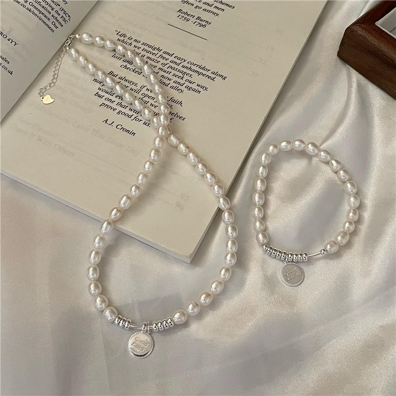 S925 sterling silver freshwater pearl vintage handcrafted Good Luck brand necklace and bracelet set, fashionable and simple collarbone chain