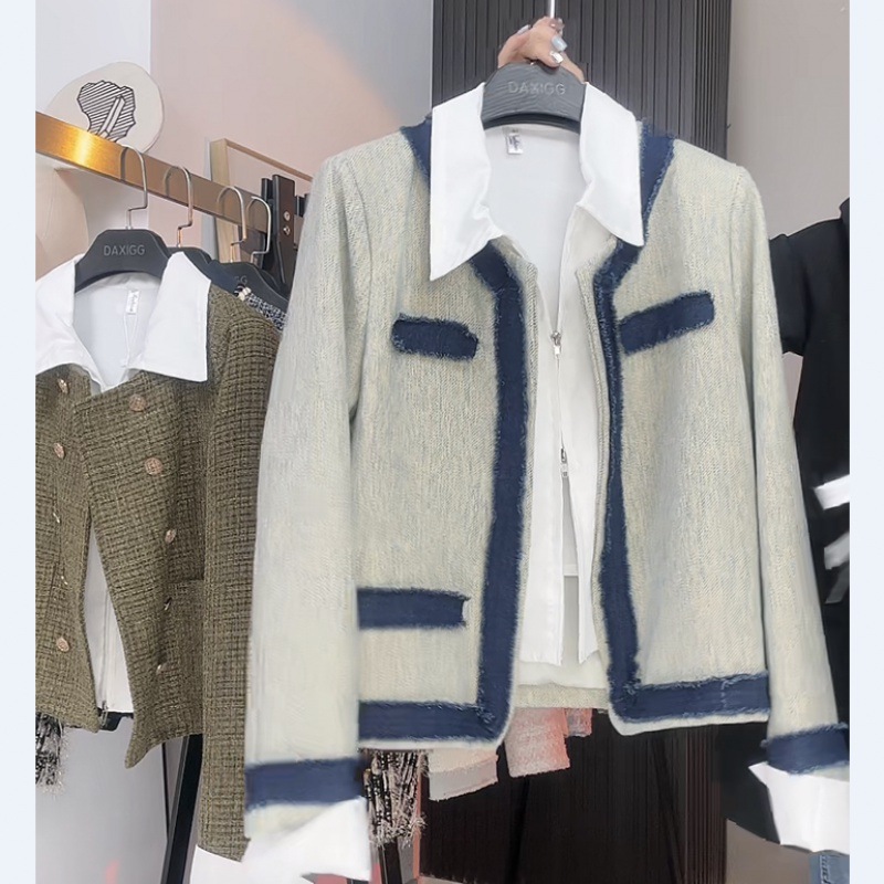 French Small Fragrance Color Splicing Denim Coat Female Spring And Autumn New Style Temperament Design Sense Of Short Top details Picture