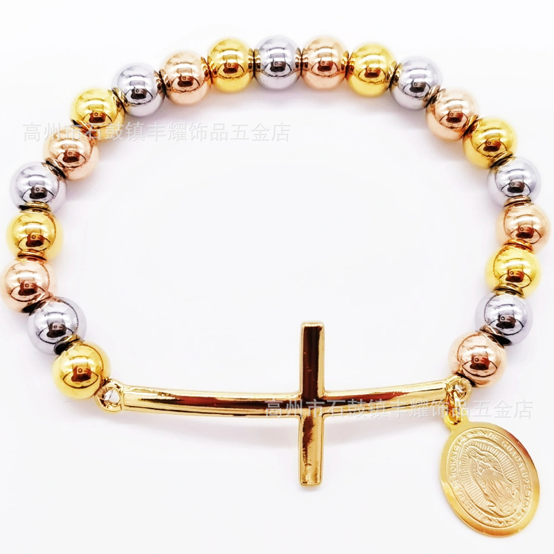 跨境热卖8mm不锈钢串珠加十字架弯牌手链圆珠手链diy弹力绳手链详情8