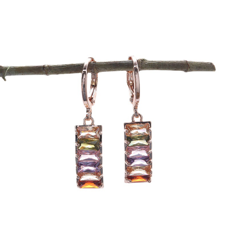 A two-piece set of European and American cross-border jewelry earrings and necklace, a colorful rose gold zircon set for women in a rectangular shape Item Picture
