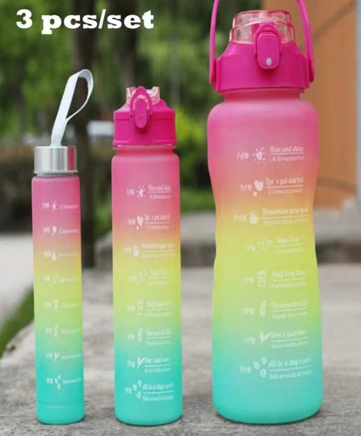 Gradient color large-capacity sports water cup, Little Waist Cross-border three-piece set cup, plastic cup details Picture