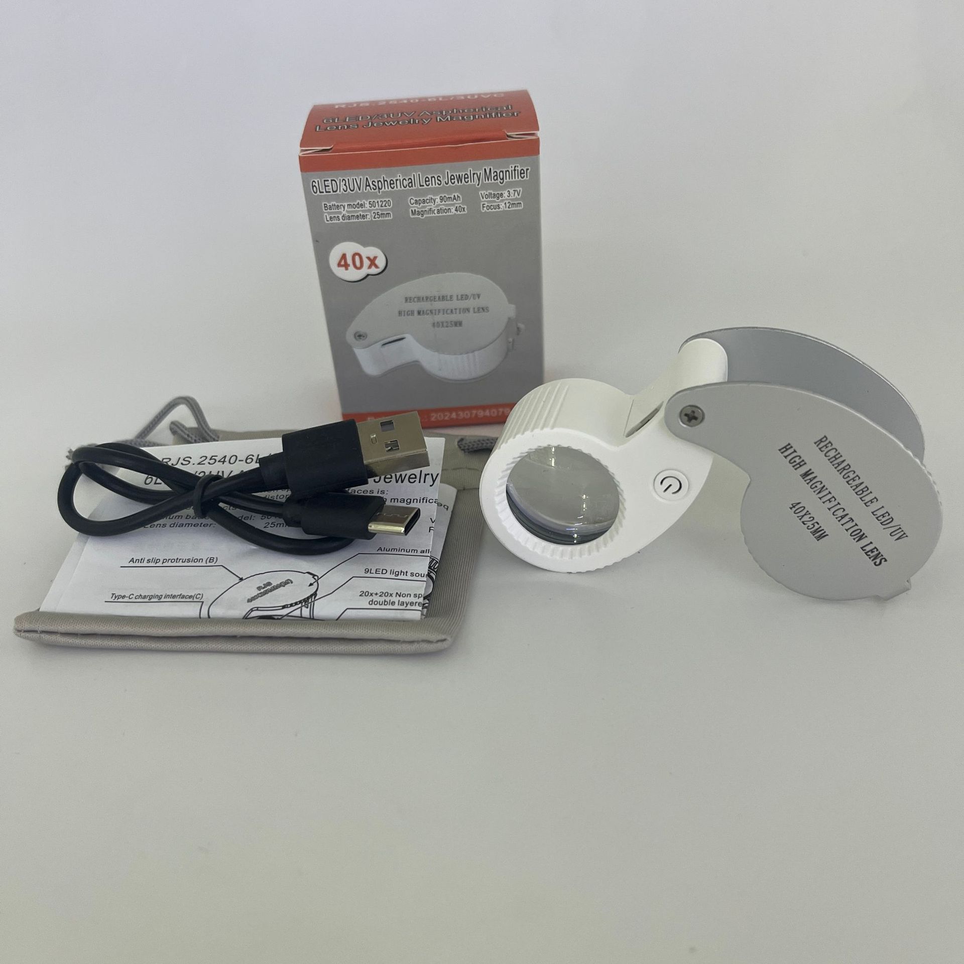 新款充电款40倍6个LED灯+3个UV灯非球面铝合金外壳高清珠宝放大镜