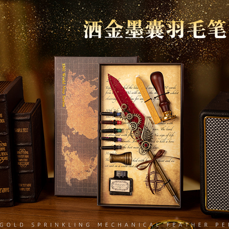 Gold-plated quill pen mechanical quill pen set gear punk style quill pen dip pen wing quill pen set details Picture