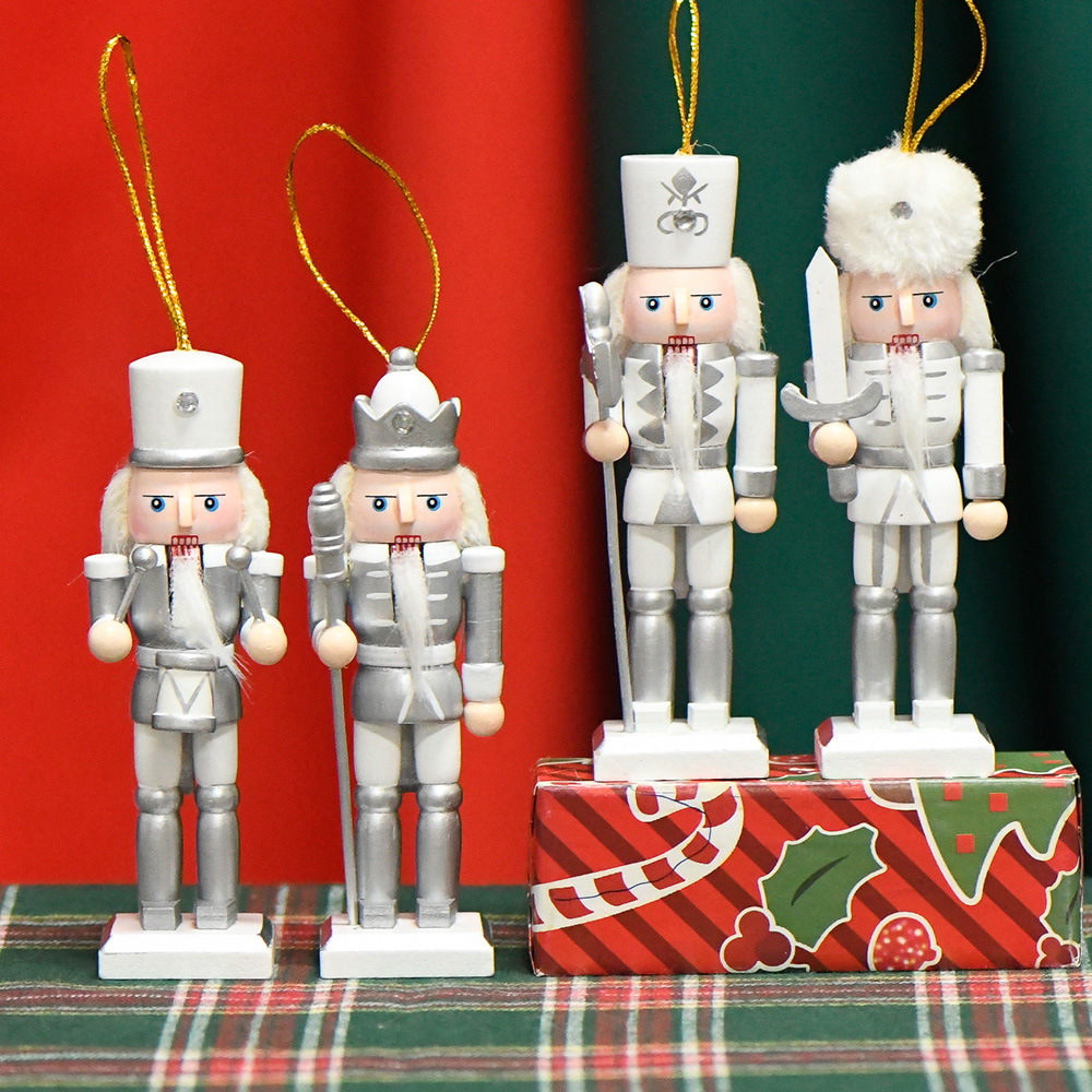 New product in stock: 13CM set of four silver nutcracker Christmas tree pendants, no shiny pink European puppet figures Specification image