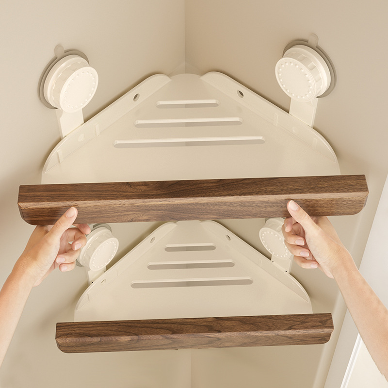 Suction cup bathroom triangular storage rack, Merade style walnut wood bathroom toilet corner body wash storage rack