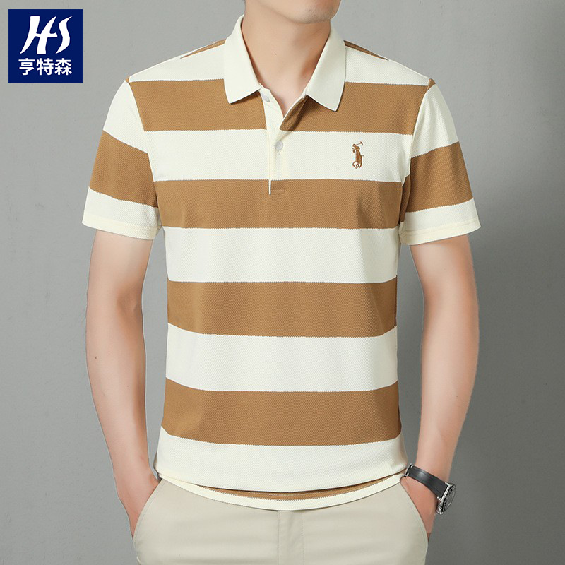 跨境条纹刺绣休闲polo衫男2025夏季新款商务翻领透气薄款男士t恤