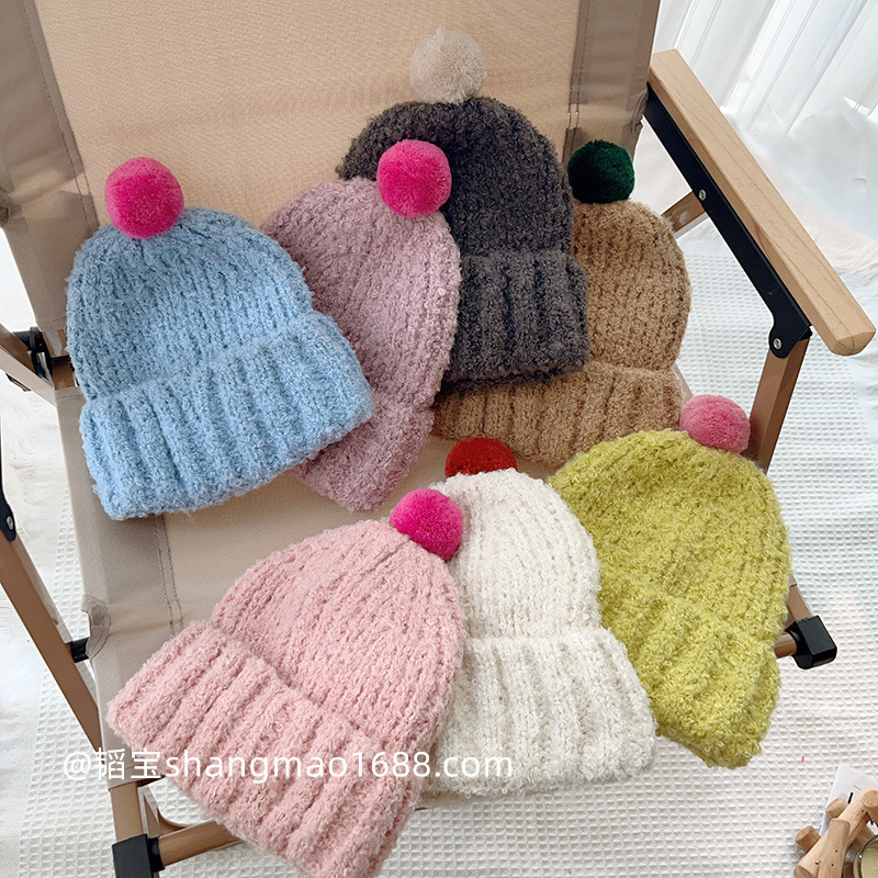 韩系ins风儿童毛线帽男女童百搭糖果色豆丁球针织帽秋冬宝宝保暖~