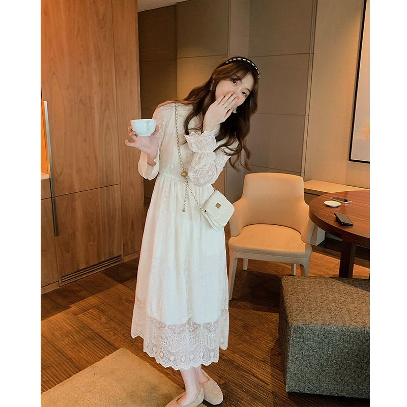[Rida] 2024 Spring Base Skirt V-Neck Midi Skirt Light Luxury Chic Senior Sense Long-Sleeved Lace Dress Application Scenario