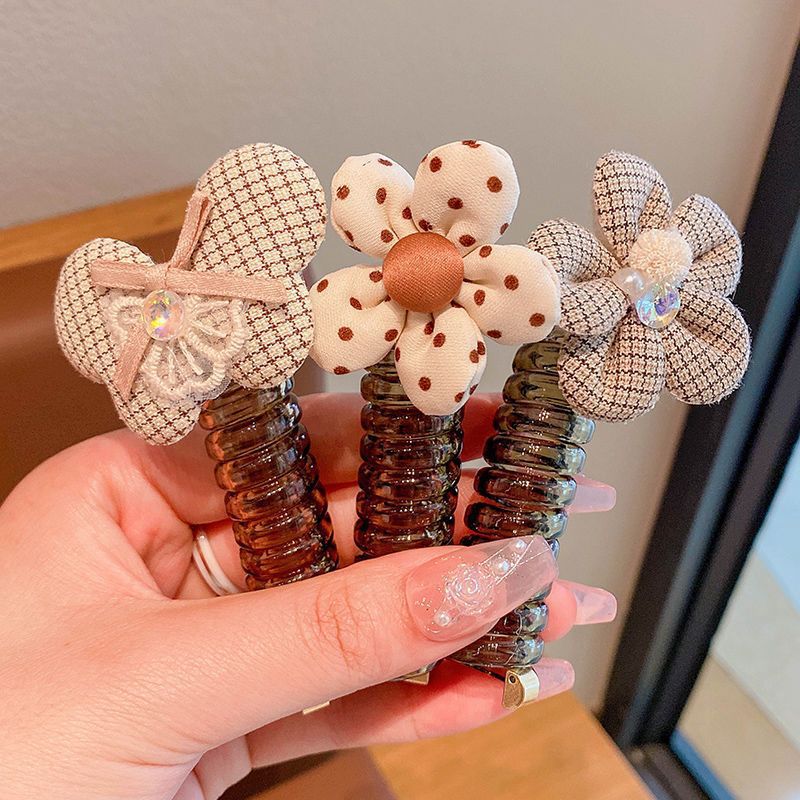 New children's coffee-colored telephone line hair band, hair bun, hair tie, girls' high-elasticity hair accessory, leather band and hair tie details Picture