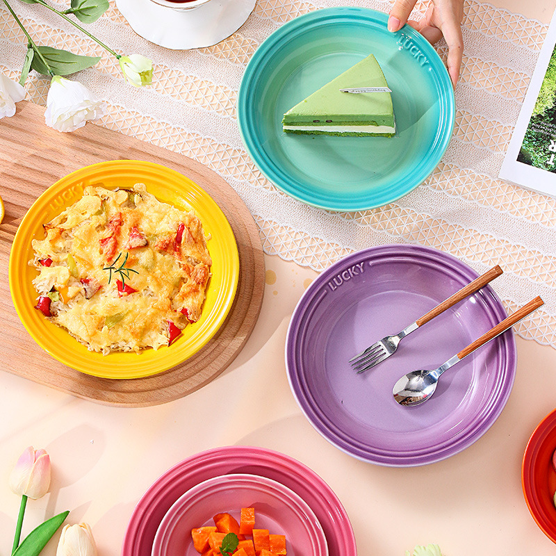 法式燕麦碗家用陶瓷餐具汤碗个性拉面碗马卡龙色圆餐盘甜点小吃盘