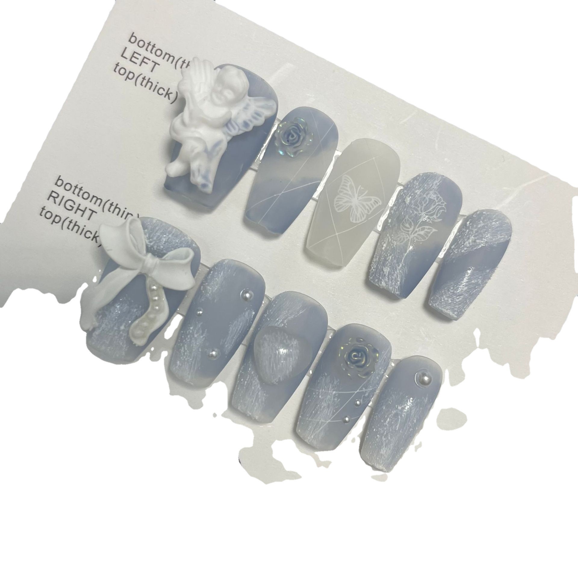 【 Pure Handcrafted Real Shot 】 Cold and misty misty blue gypsum angel rose handcrafted wearing armor false nail manicure Item Picture