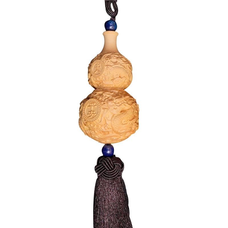 Boxwood gourd car hanging, carved dragon car rearview mirror, long tassel pendant for peace and good luck, cultural play car hanging, Buddhist prayer beads Item Picture