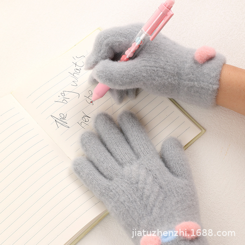 Winter gloves for girls, thickened with fleece, five-fingered, cute knitted cold-proof cycling gloves with touch screen for warmth details Picture