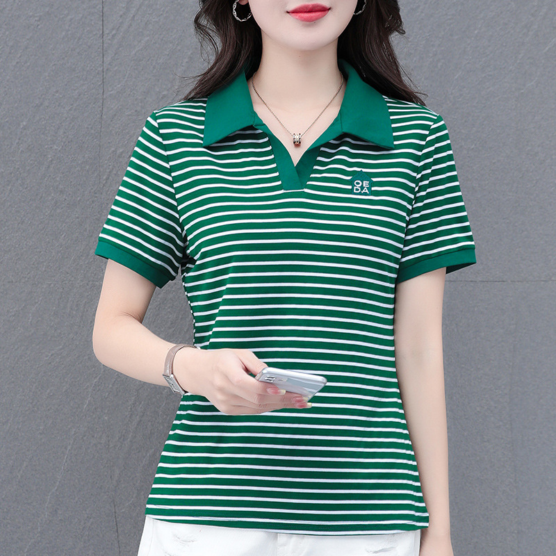 Lapel striped T-shirt for women's summer 2024 new style, fashionable and slimming, versatile casual short-sleeved polo shirt, loose top Application Scenario