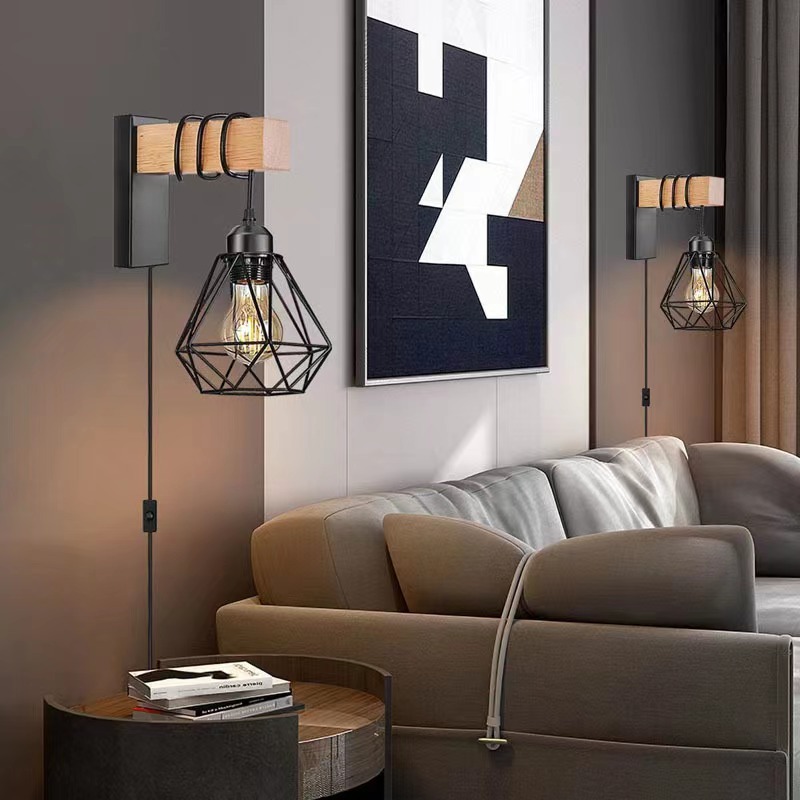 A best-selling retro American-style wall lamp on Amazon for foreign trade, plug-in with switch cage wall lamp, bedroom bedside table wall lamp details Picture