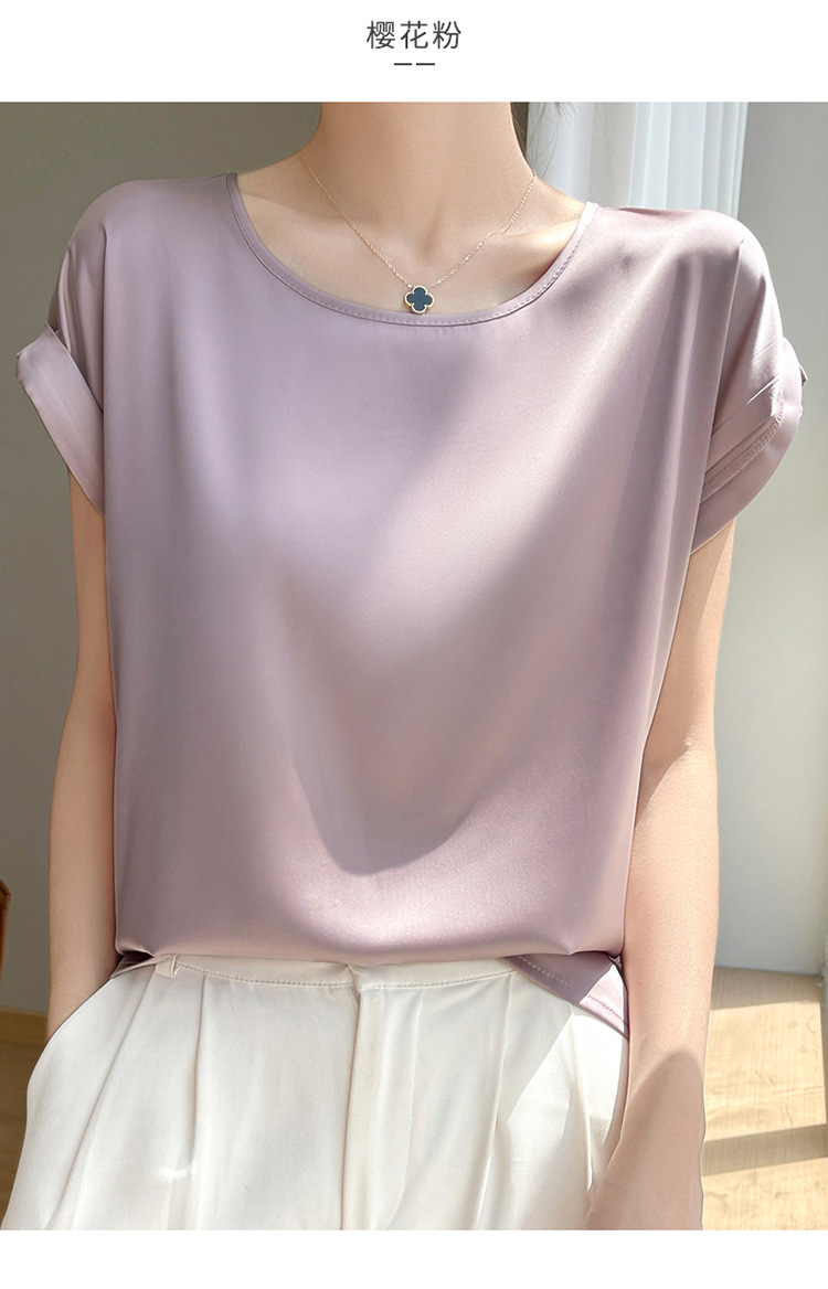 A new summer collection of silk top, short-sleeved T-shirt, simple and loose, round-neck mulberry silk tank top with acetate satin pic 25