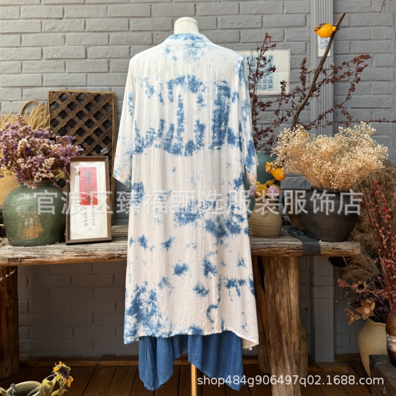 Tie-dyed and blue-dyed Chinese stand-up collar, one-grain button-up fake, two silk cotton dresses, loose cheongsam, travel women's dress, long skirt Application Scenario