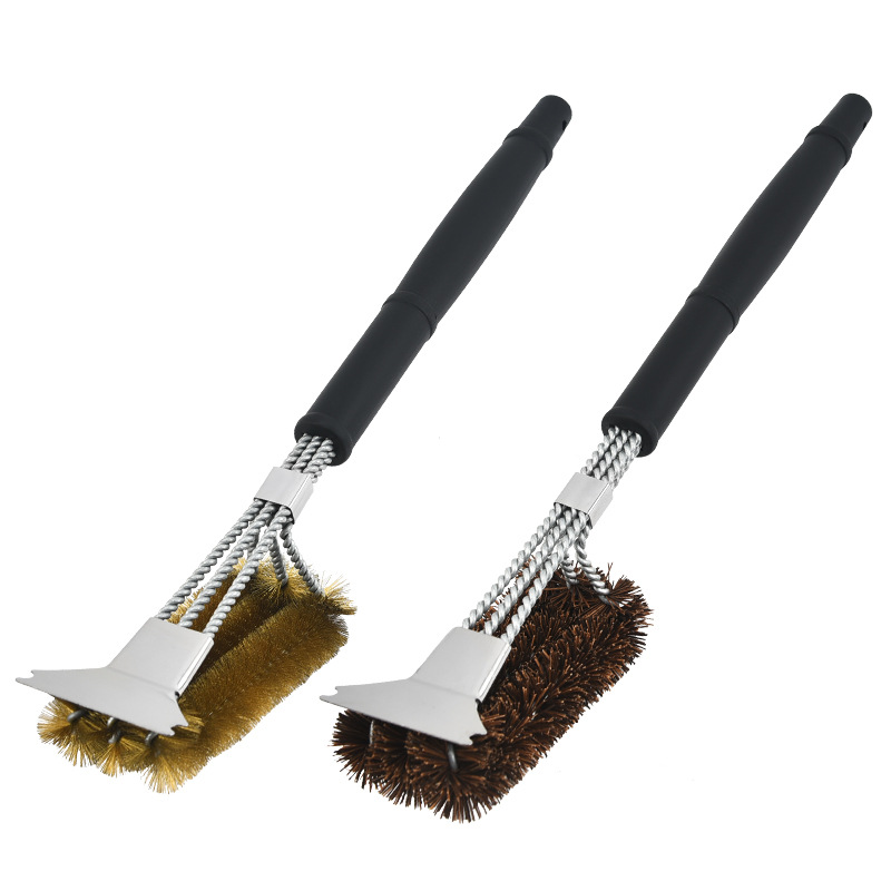 Outdoor barbecue brush with scraper, three-head cleaning wire brush, copper wire brush, oil brush, barbecue grill, grill utensils, grill net cleaning brush Item Picture
