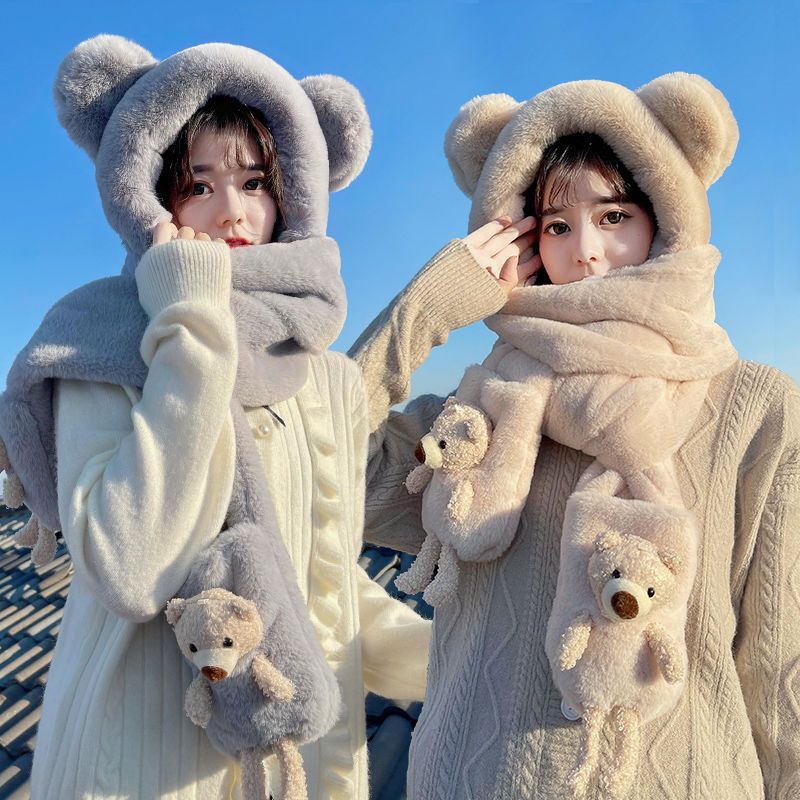 冬季围脖帽子三件套女卡通小熊娃娃毛绒围脖手套一体可爱保暖舒适