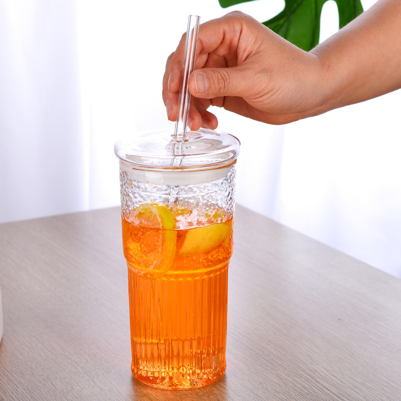 Large-capacity milk tea cold drink cup, creative glass straw cup, simple vertical pattern cup, ins high appearance level coffee cup, water cup Application Scenario