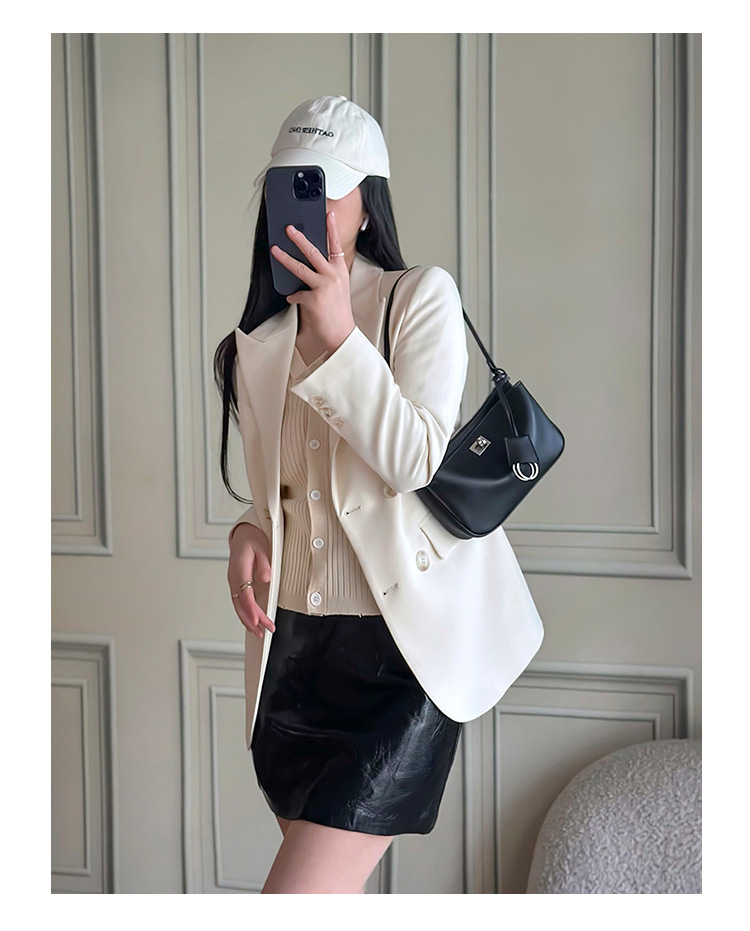 小众真皮麻将包女高级感手提包锁扣韩系拉链通勤大容量单肩斜挎包详情14