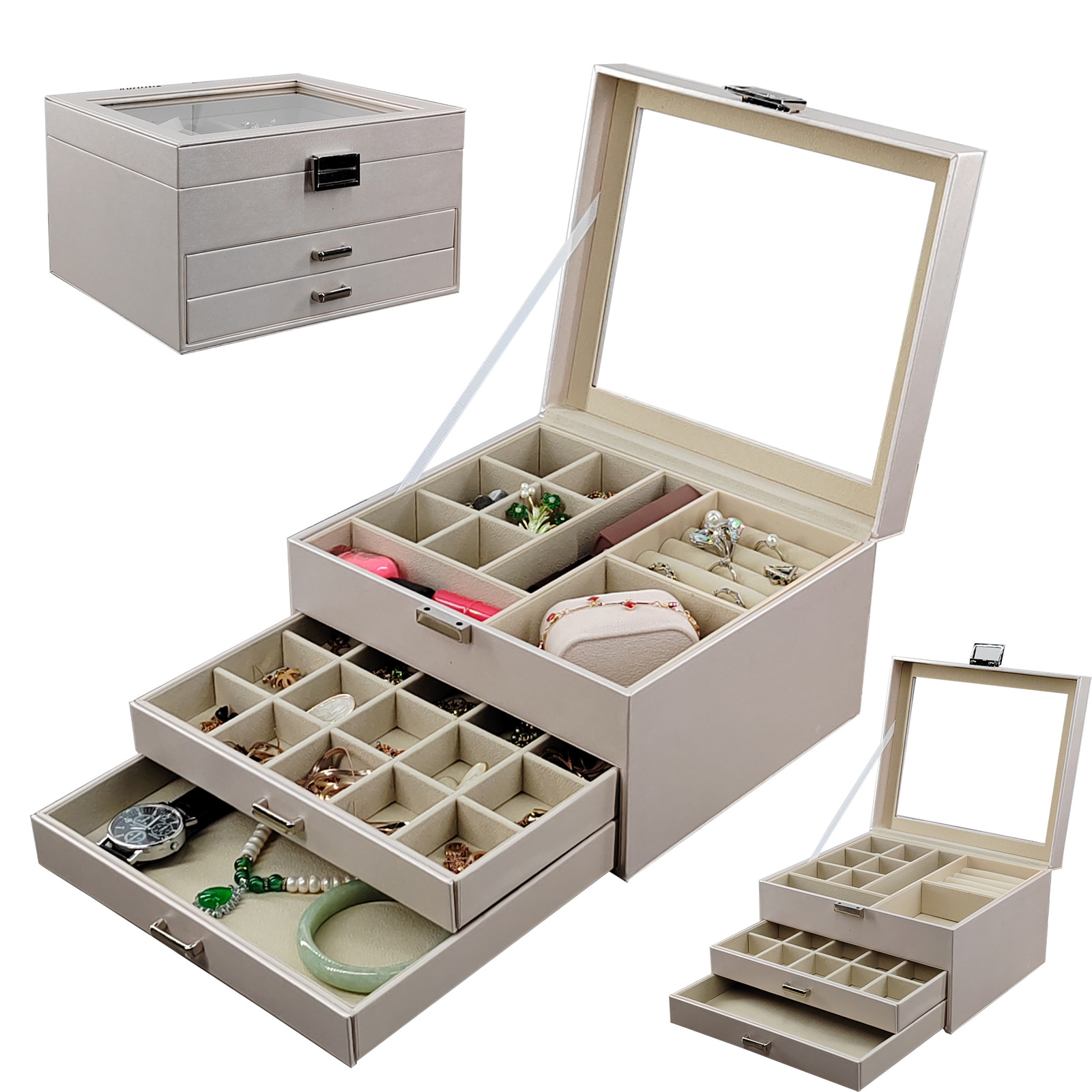 Hot-selling double-drawer PU leather jewelry bracelet accessory box, champagne-colored hardware lockable window flip cover jewelry box Item Picture