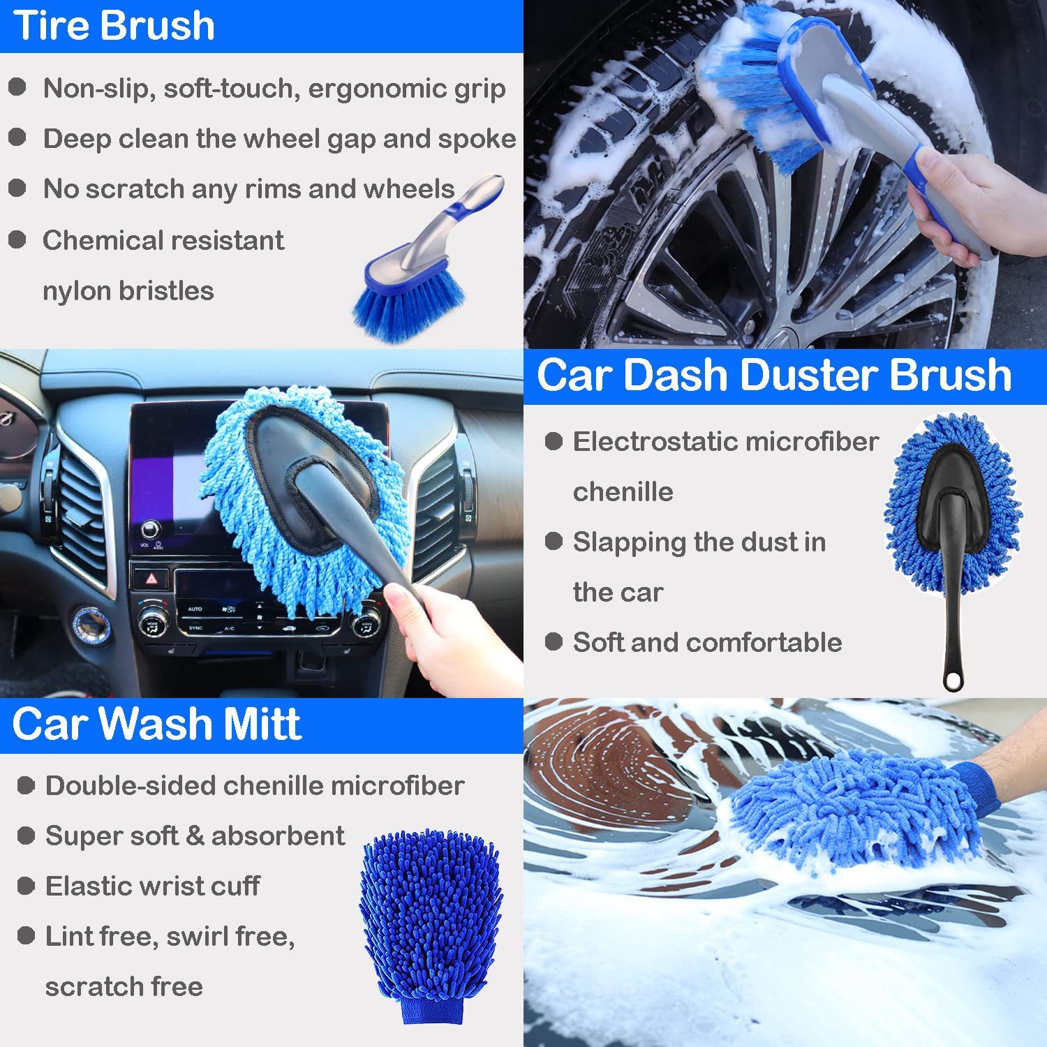 Cross-border best-selling blue car cleaning brush 26-piece set, hub brush, car air conditioning brush, sponge polishing brush, handbag details Picture