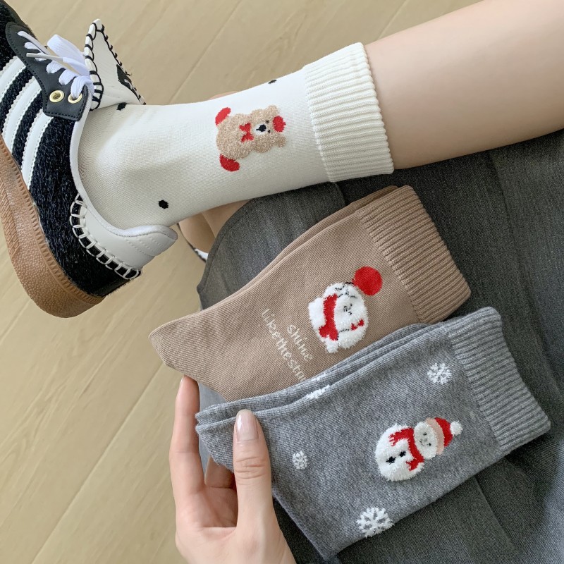 Sock stall, one-piece delivery, women's mid-calf socks, boneless anti-pilling for autumn and winter, plush bear, cute Christmas snowman, women's socks, piles of long socks, one-piece delivery Specification image