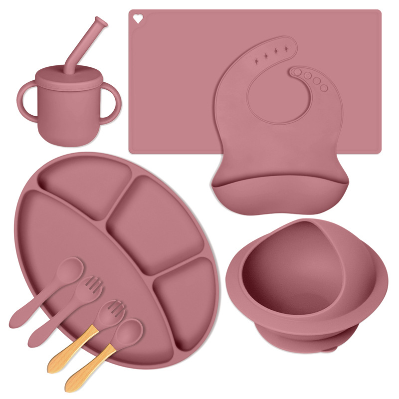 Amazon's best-selling baby silicone four-compartment dinner plate, oval baby tableware set, children's complementary food bowl, fork, spoon and bib thumbnail