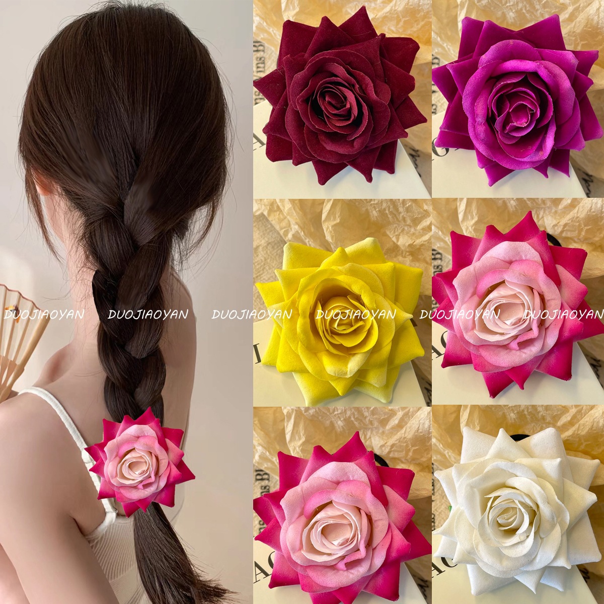 New faux velvet rose hair band headwear for vacation, retro red large flower leather band hair accessory for women details Picture