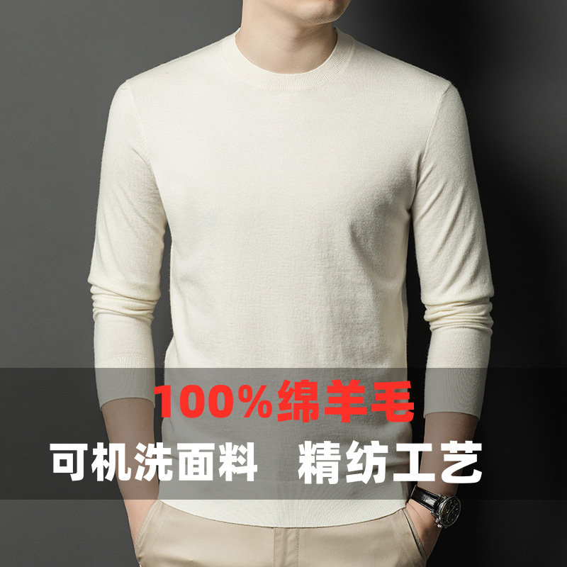 Machine-washable fine-spun wool sweater for autumn, 300g pure wool men's wool sweater, round neck warm knitted sweater Specification image