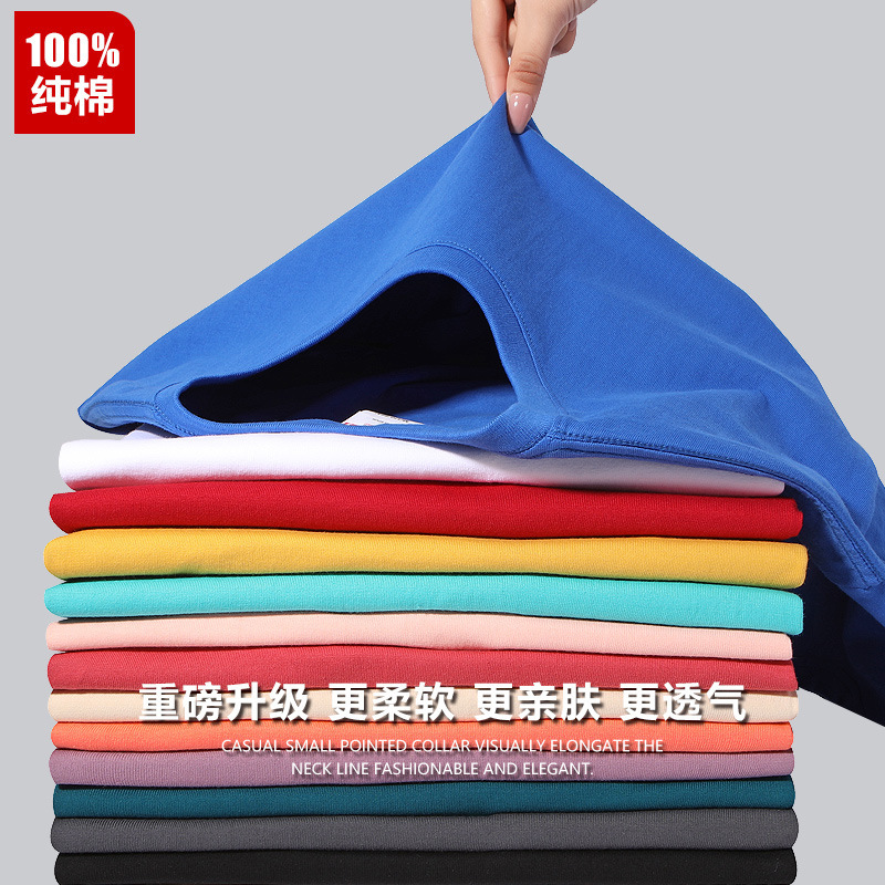250g heavy-duty pure cotton short-sleeved summer class uniform, solid color advertising shirt, round neck printed text men's versatile short-sleeved men's T-shirt details Picture