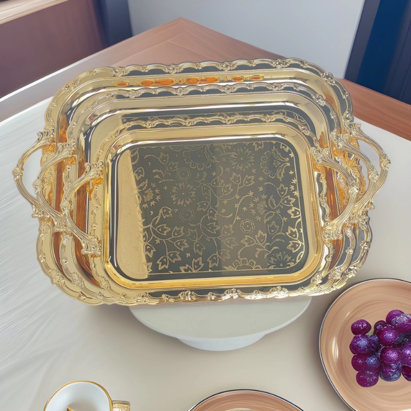 轻奢腾花纹长方形金色托盘餐厅端菜盘自助餐酒店甜点水果收纳盘
