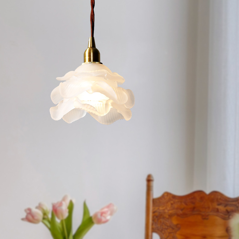 French retro flower glass chandelier, Japanese brass guesthouse lamp, American simple bedroom bed bar headlamp details Picture