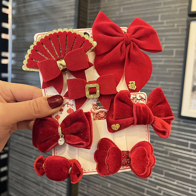 儿童蝴蝶结头饰新年女童爱心发卡秋冬宝宝红色发饰小女孩拜年发夹