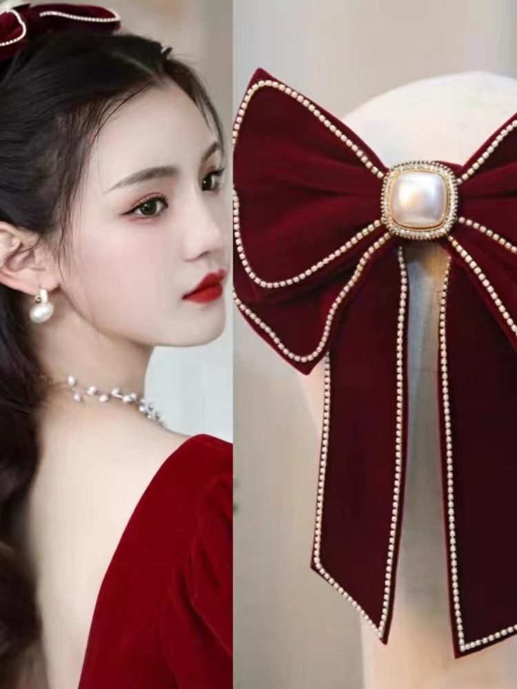 Princess On The Run Wine Red Bow Hairpin Female Back Of Head Bride Engagement Dress Toasting Dress License Hair Ornaments details Picture