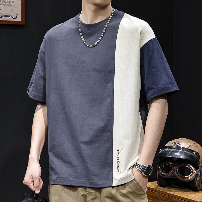 American color-blocking and patchwork trendy short-sleeved T-shirt for men, loose and large-sized summer 2025 new style, high-end body T-shirt